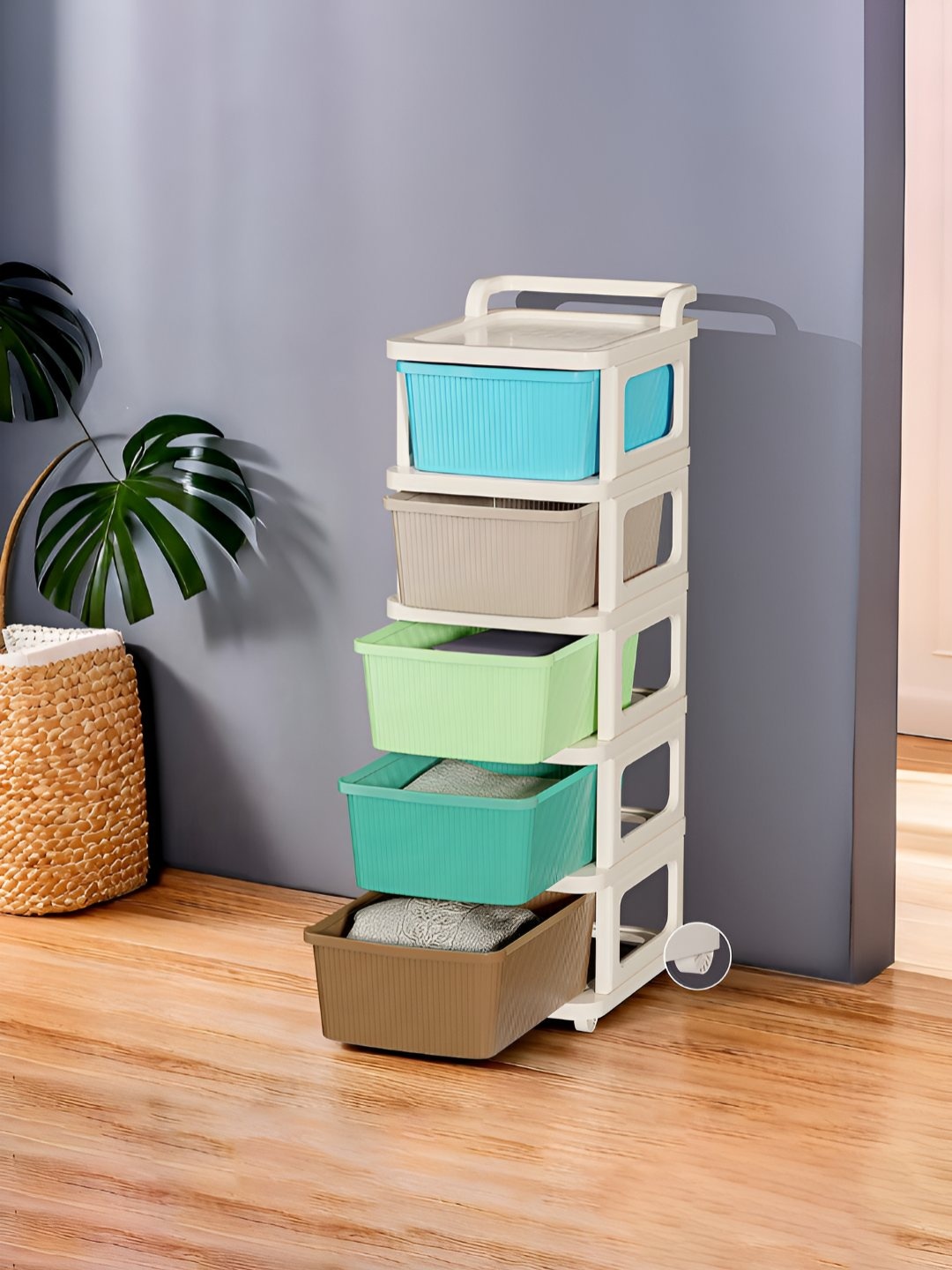 

Kuber Industries Cream-Colored Textured 5-Layer Storage Drawer Organizer With Wheels
