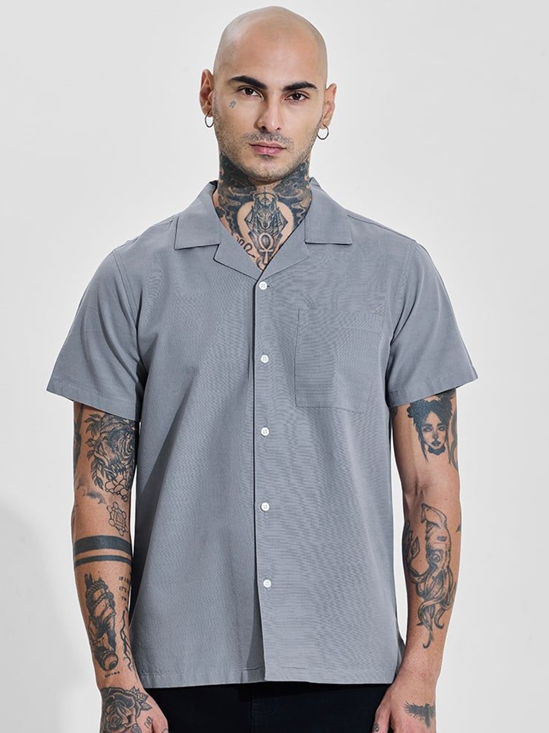 

Snitch Men Comfort Relaxed Fit Cuban Collar Solid Cotton Casual Shirt, Grey