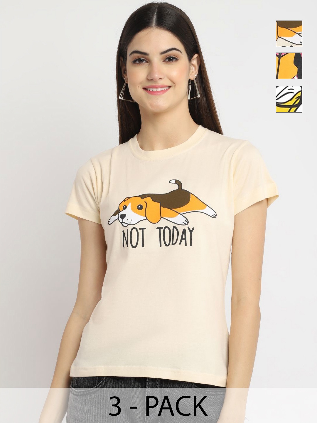 

Dreambe Women Pack of 3 Donald Duck Graphic Printed Round Neck Cotton T-shirts, Cream