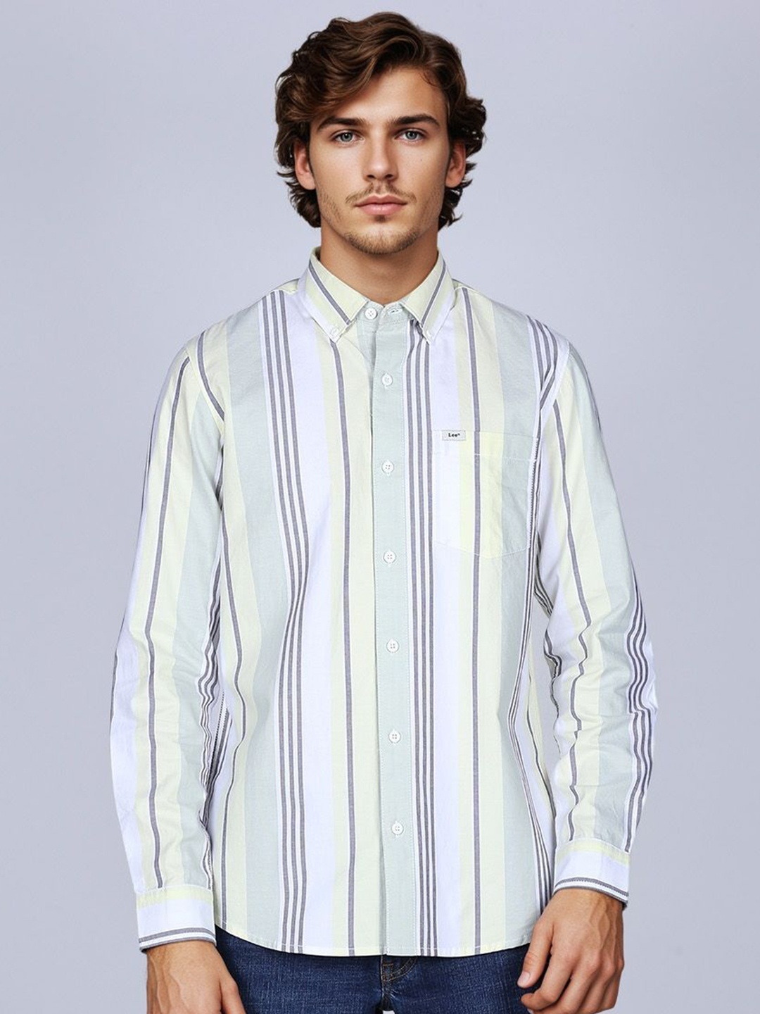 

Lee Men Slim Fit Button-Down Collar Vertical Striped Cotton Casual Shirt, Yellow