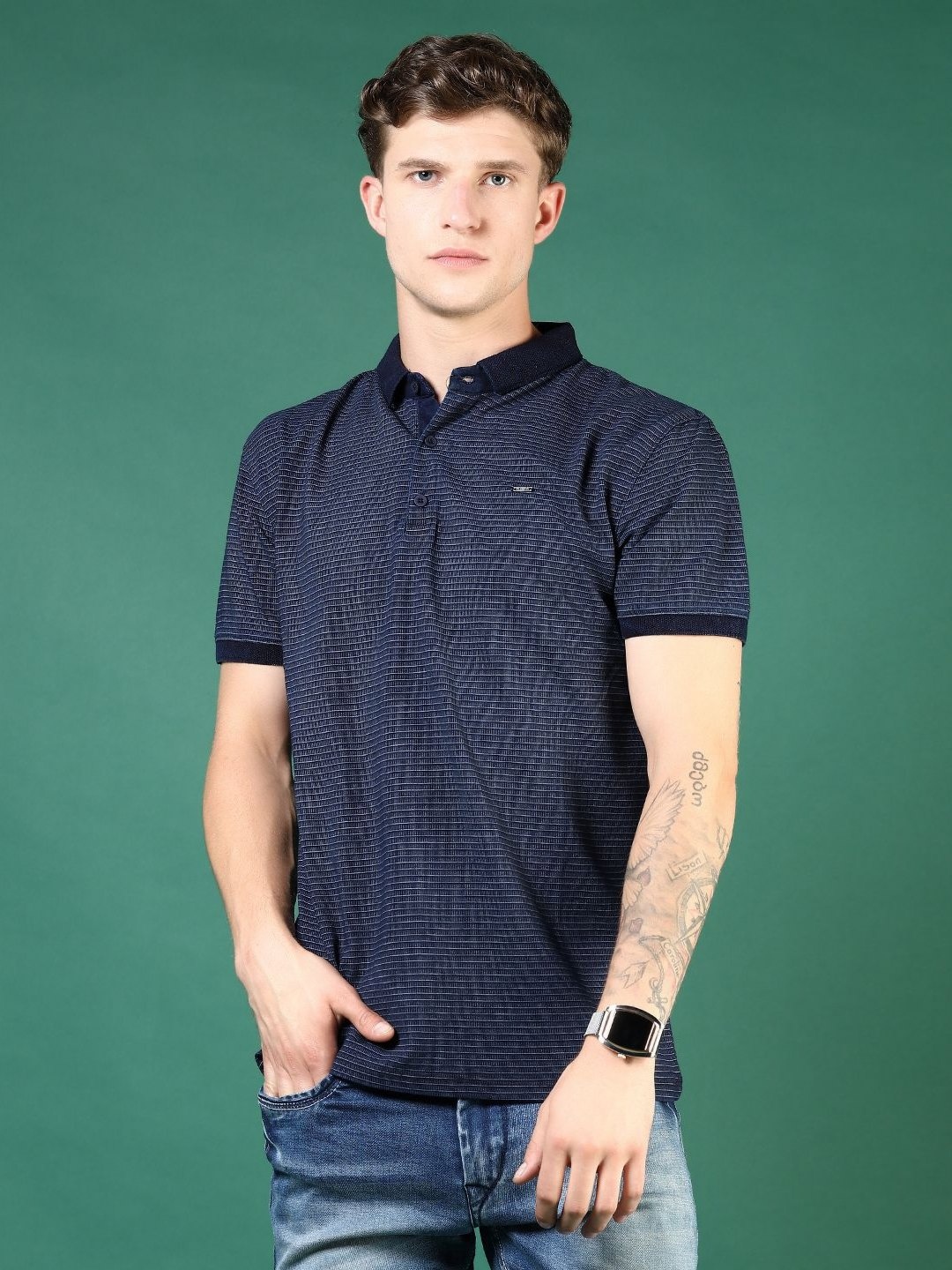 

V-Mart Men Striped Polo Collar Cotton Slim Fit T-shirt, Navy blue