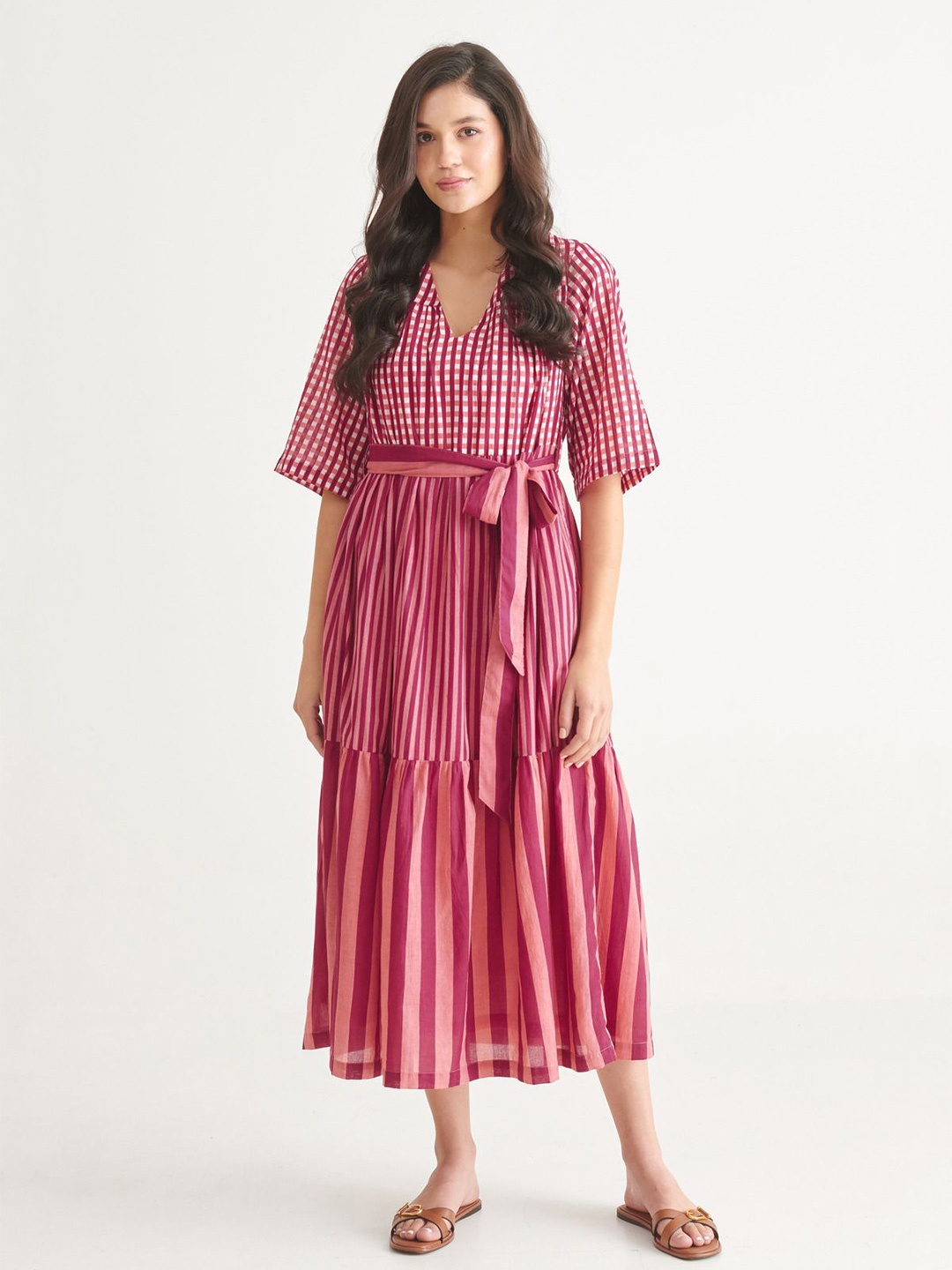 

Zenava by Myntra Striped Shirt Collar Neck Fit and Flare Midi Dress With Belt, Red