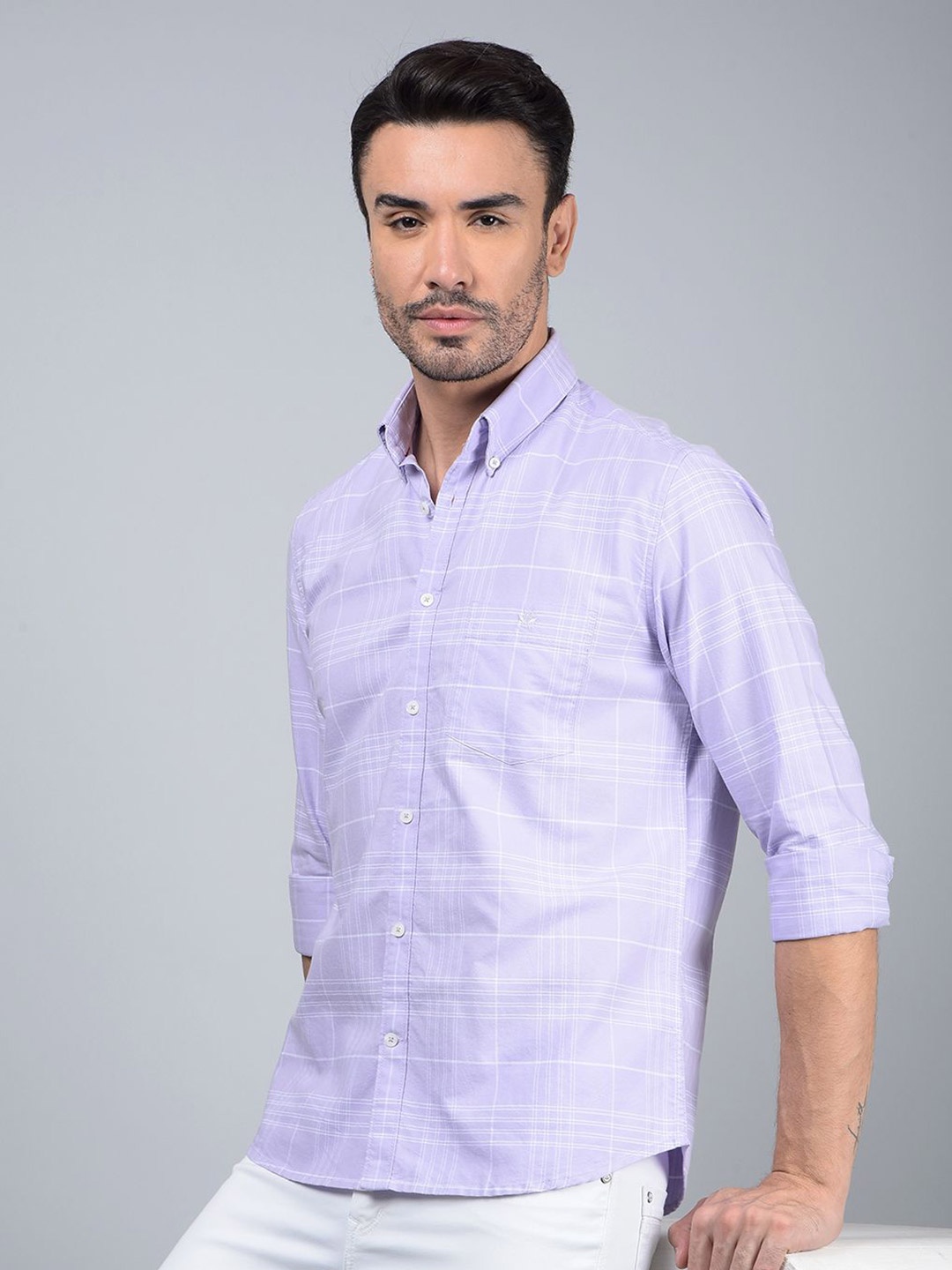 

Crimsoune Club Men Classic Fit Button-Down Collar Windowpane Checked Cotton Casual Shirt, Purple
