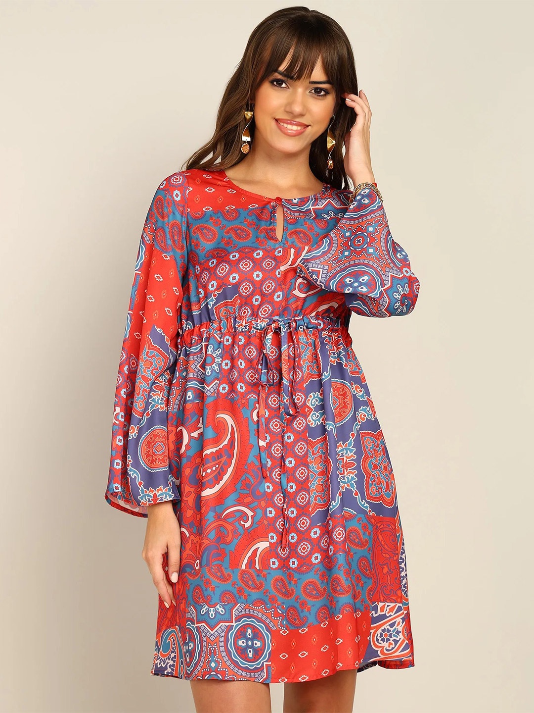 

all about you Ethnic Motifs Print Bell Sleeve Crepe Fit & Flare Dress, Multi