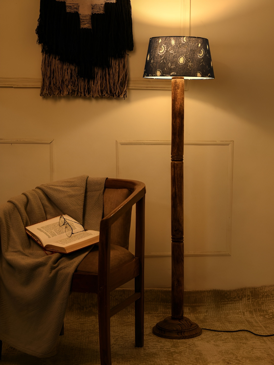 

green girgit Blue & Brown Printed Wooden Frustum Shaped Floor Lamp