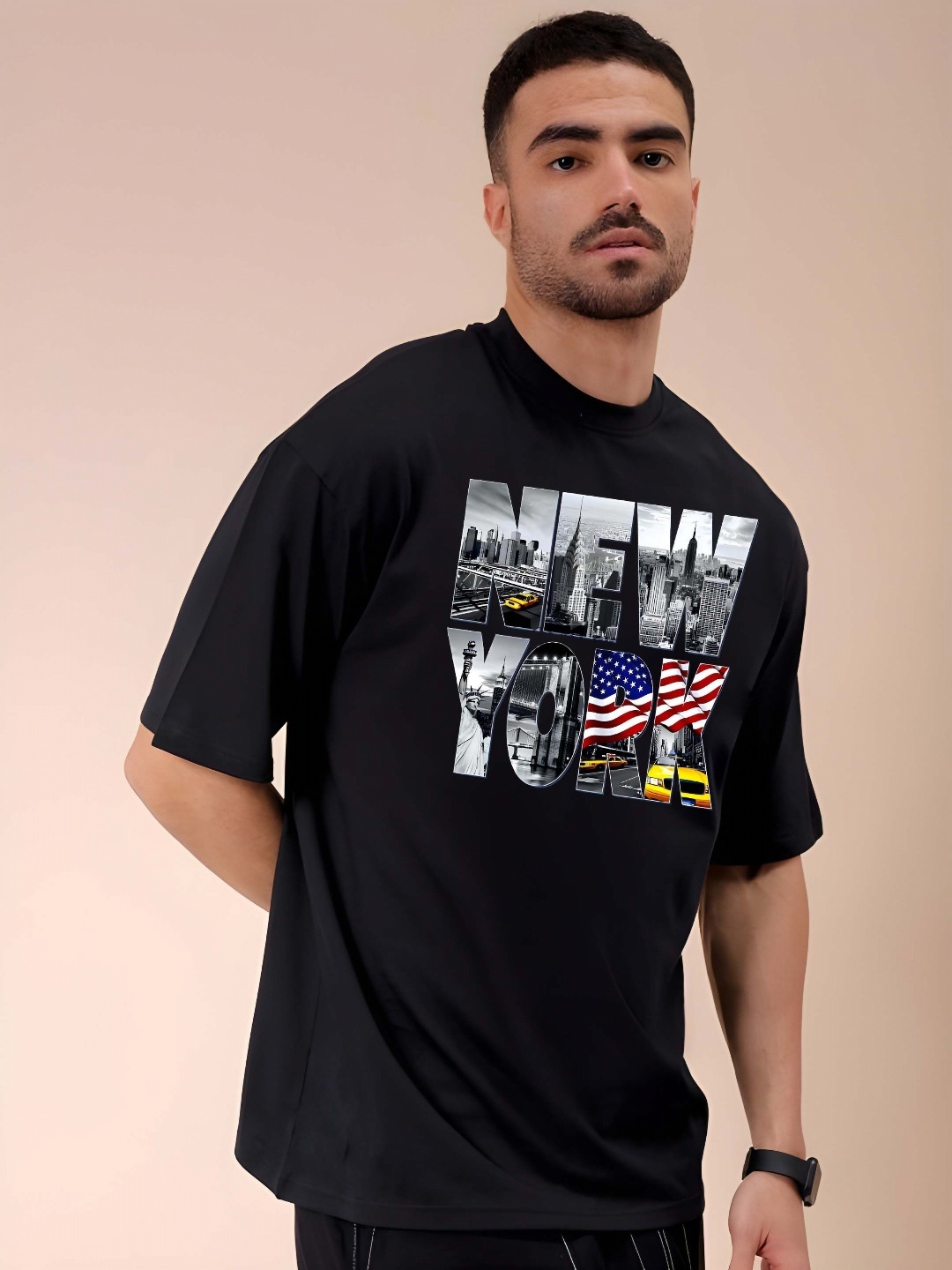 

THE BEETEL HOUSE Men Graphic Printed Round Neck Cotton Oversized T-shirt, Black