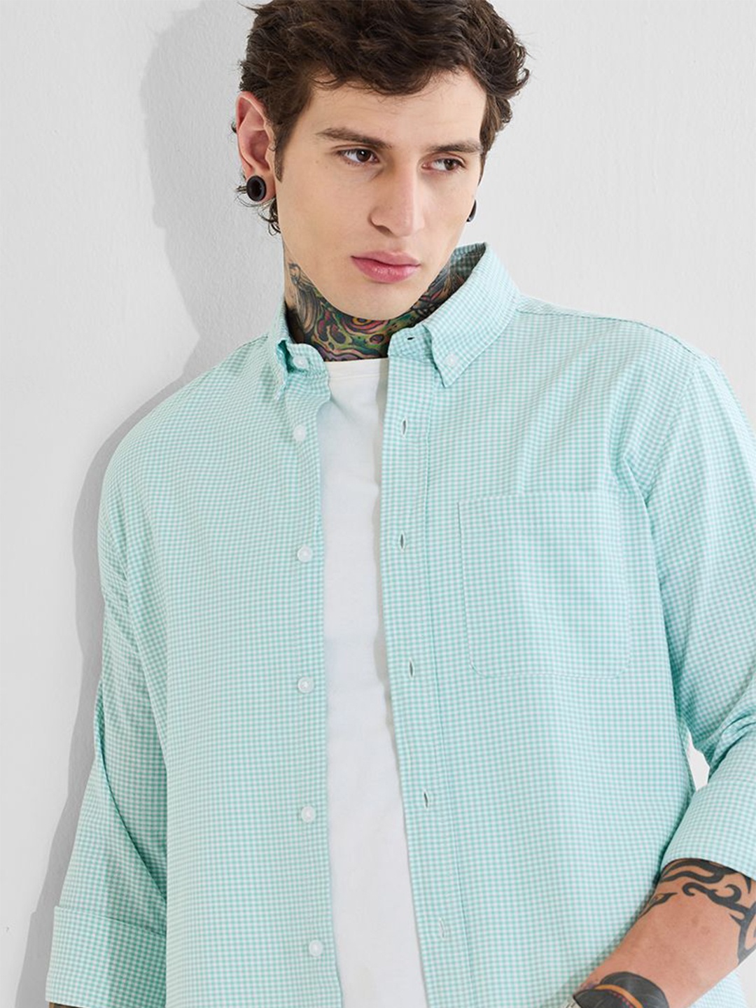 

Snitch Men Slim Fit Button-Down Collar Micro Checked Cotton Casual Shirt, Green