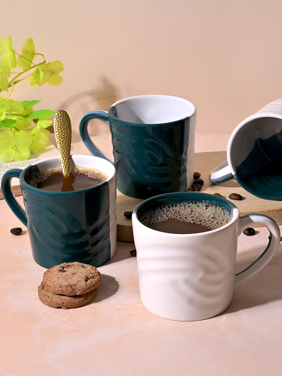 

Storepedia White & Green 4 Pieces Textured Ceramic Matte Cups 200ml Each