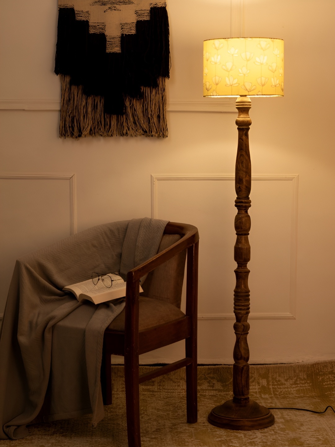 

green girgit Mustard & Brown Printed Wooden Cylinder Shaped Floor Lamp, Multi