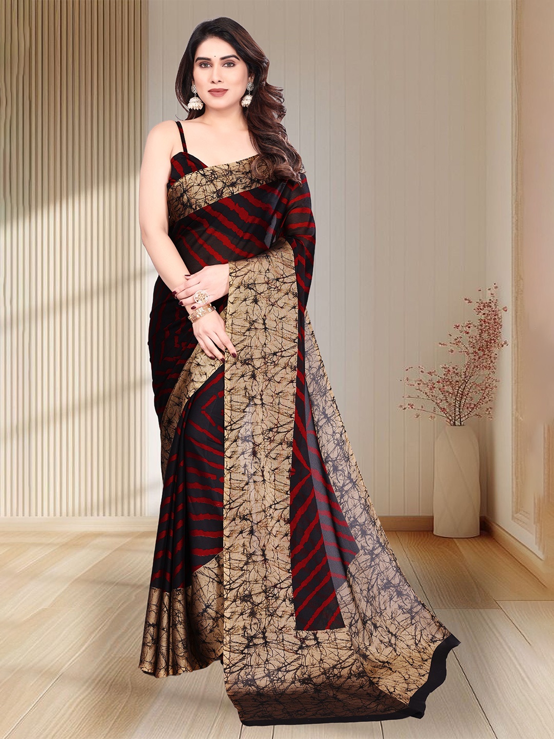 

SUPERLAXMI Leheriya Printed Pure Chiffon Saree, Black