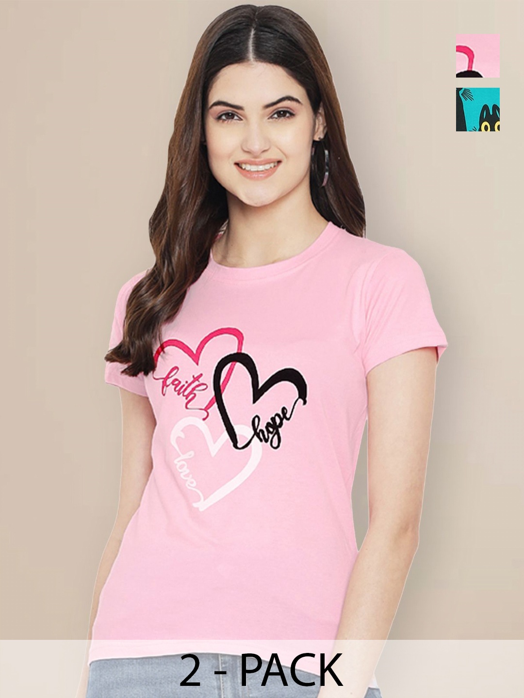 

GLOBAL NOMAD Pack Of 2 Typographic Printed Round Neck T-shirt, Pink