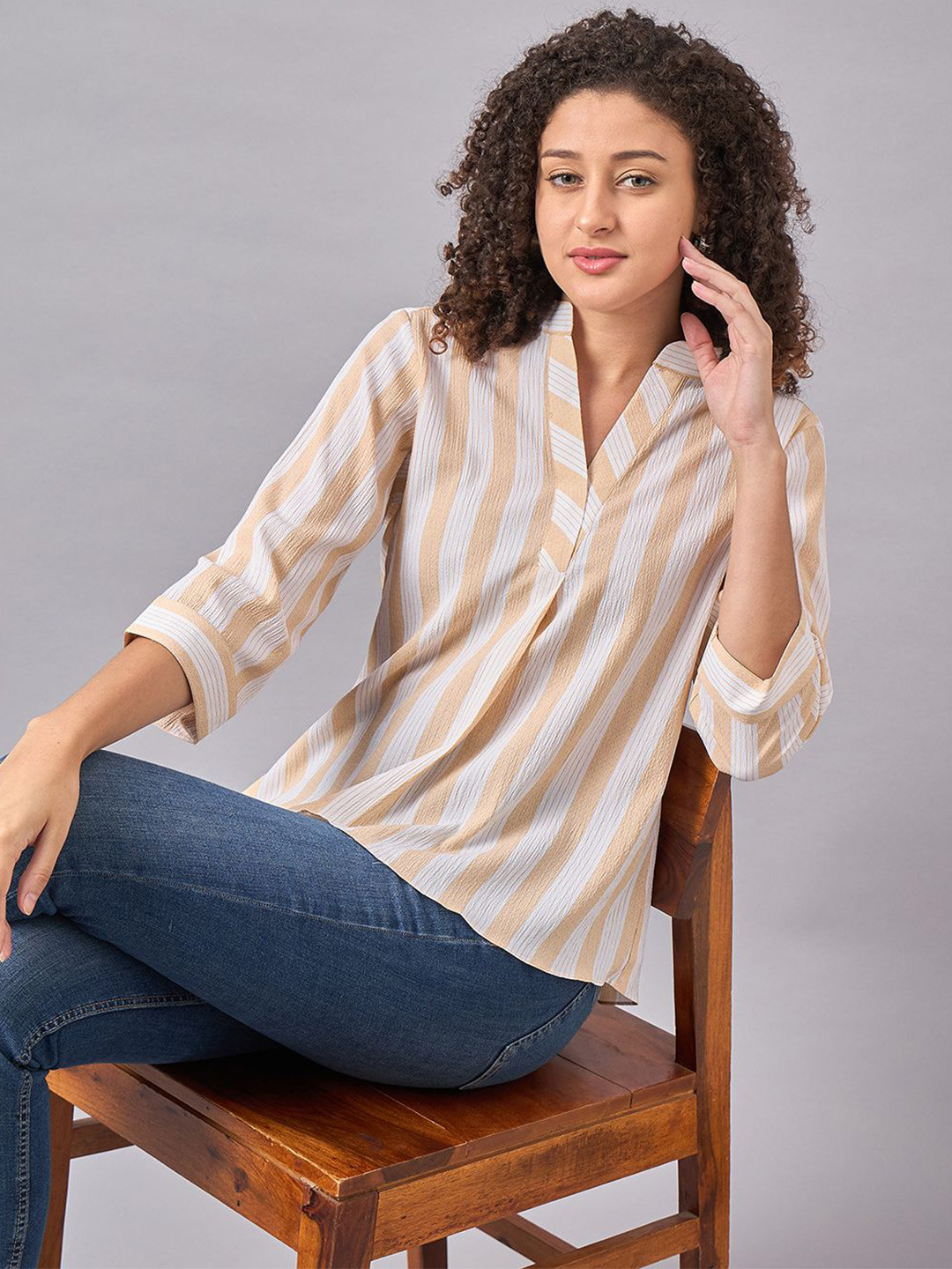 

CORSICA Striped Mandarin Collar Top, White