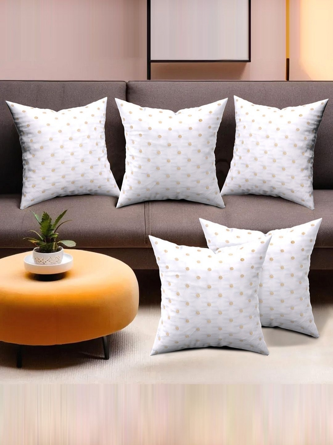 

Myntra Elegant Homes White & Beige Set of 5 Polka Dots Satin Square Cushion Covers