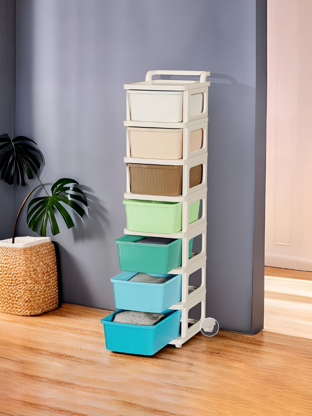 

Kuber Industries Cream-Colored Textured 7-Layer Storage Drawer Organizer With Wheels