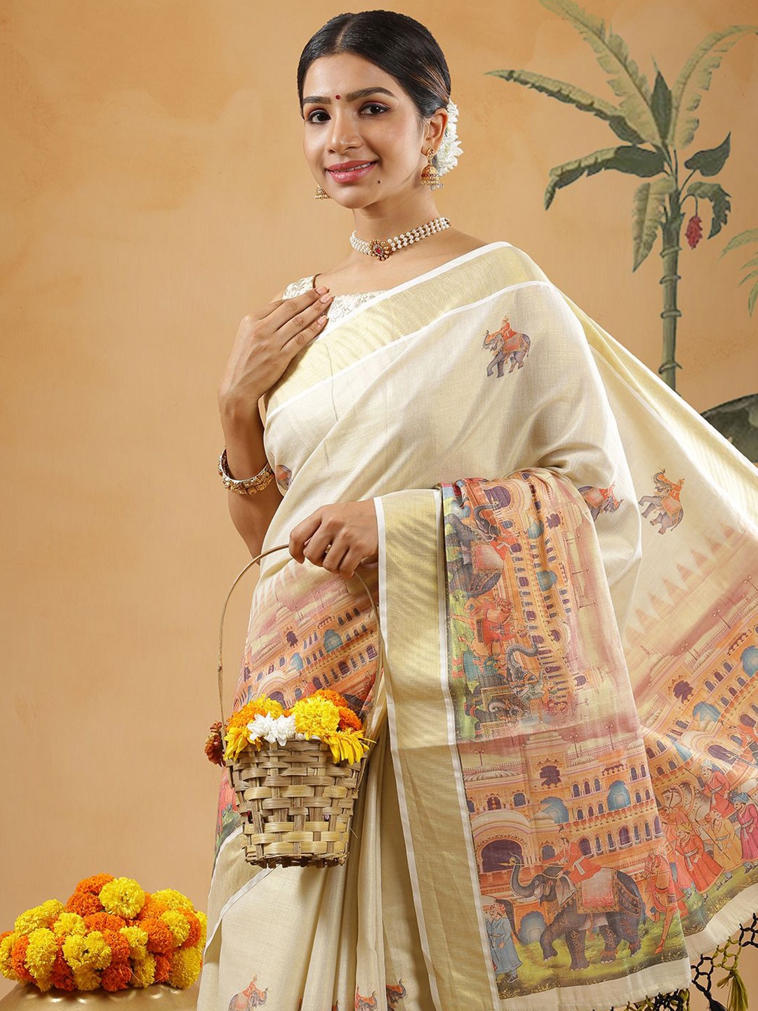 

Kalyan Silks Kalamkari Printed Zari Kasavu Saree, Cream