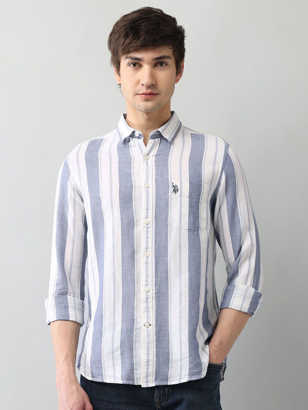 

U.S. Polo Assn. Denim Co. Men Classic Regular Fit Vertical Striped Cotton Casual Shirt, Blue