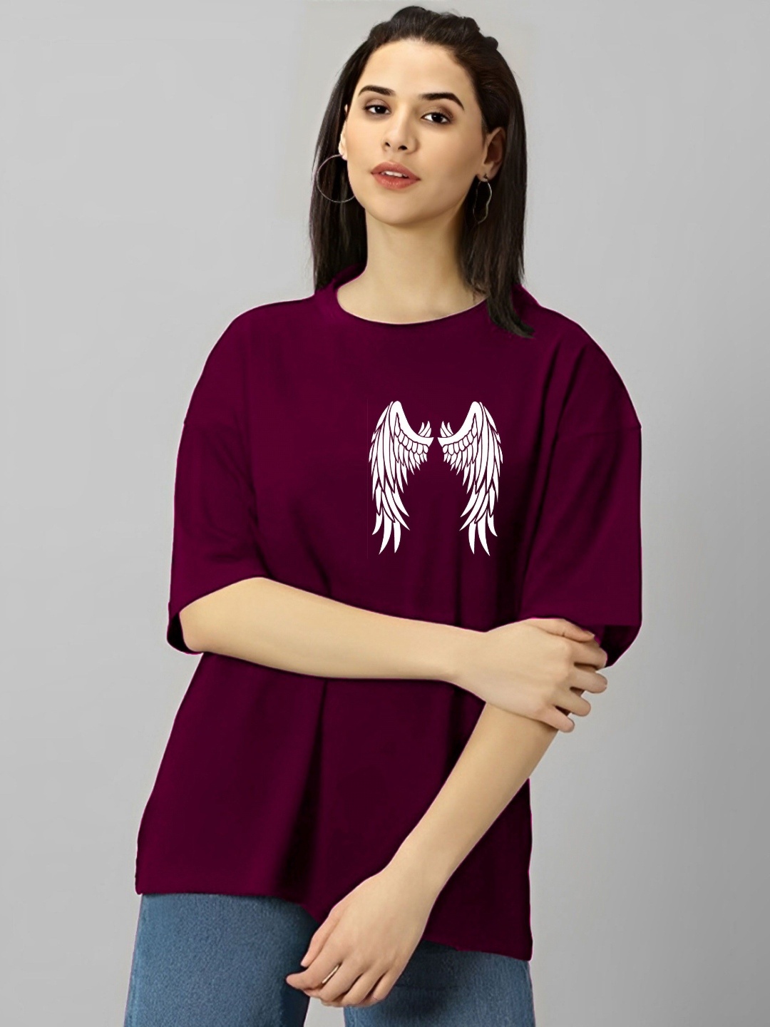 

Kushi Flyer Women Graphic Printed Round Neck Cotton Oversized T-shirt, Burgundy