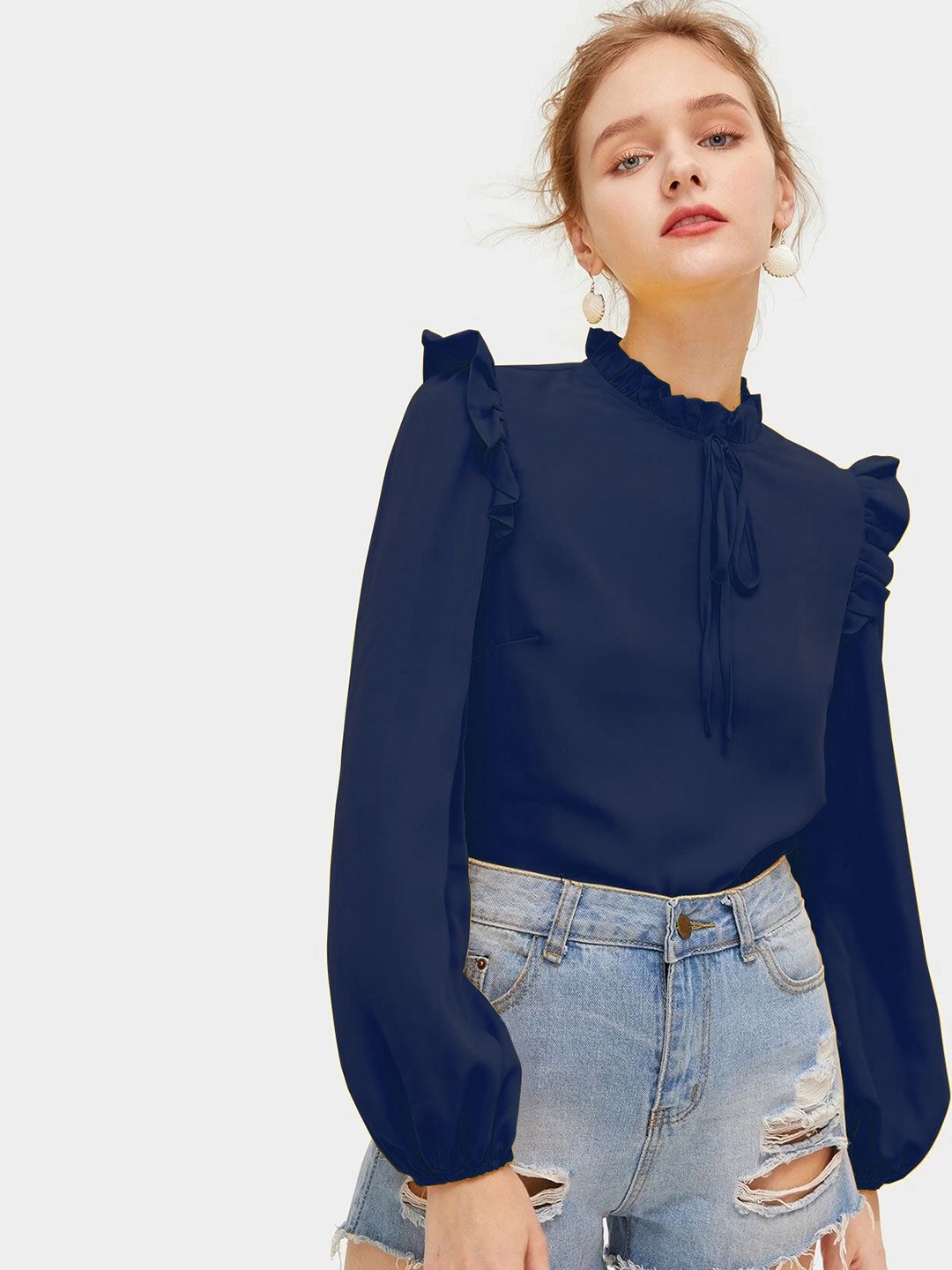 

Tishani Women Crepe High Neck Long Sleeves Top, Blue