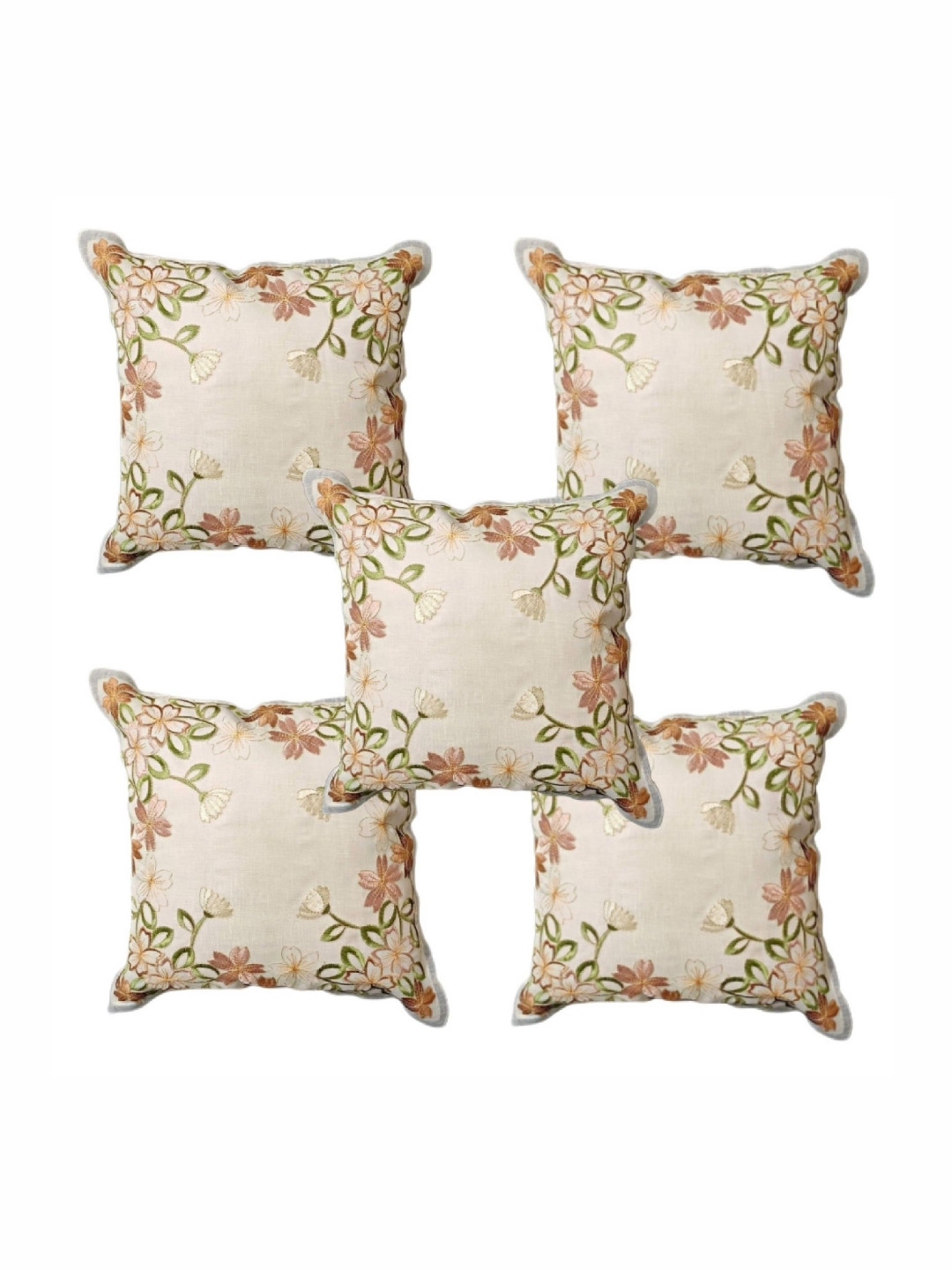 

MONKDECOR Brown & White Set of 5 Floral Embroidered Square Cushion Covers