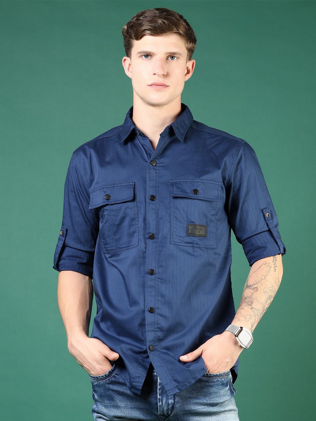 

V-Mart Men Spread Collar Solid Cotton Casual Shirt, Blue