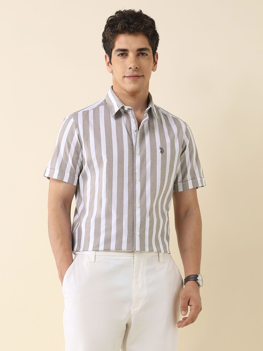 

U.S. Polo Assn. Men Classic Tailored Fit Vertical Striped Cotton Casual Shirt, Grey