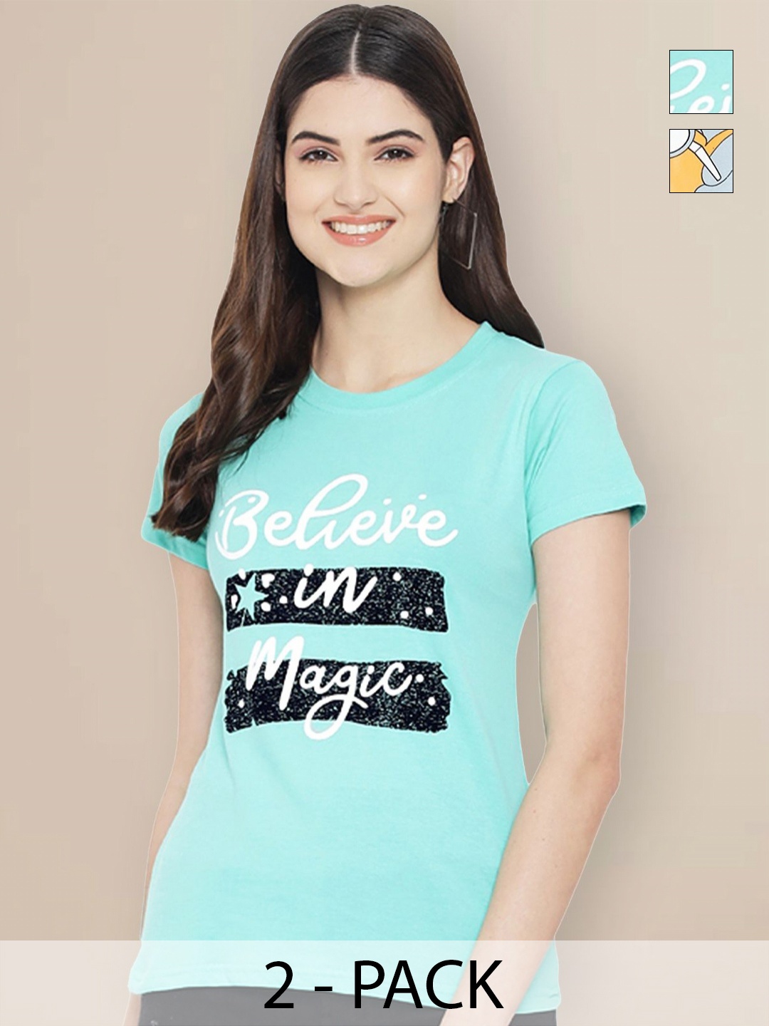 

GLOBAL NOMAD Pack Of 2 Typography Printed Round Neck Short Sleeves Cotton T-shirt, Green