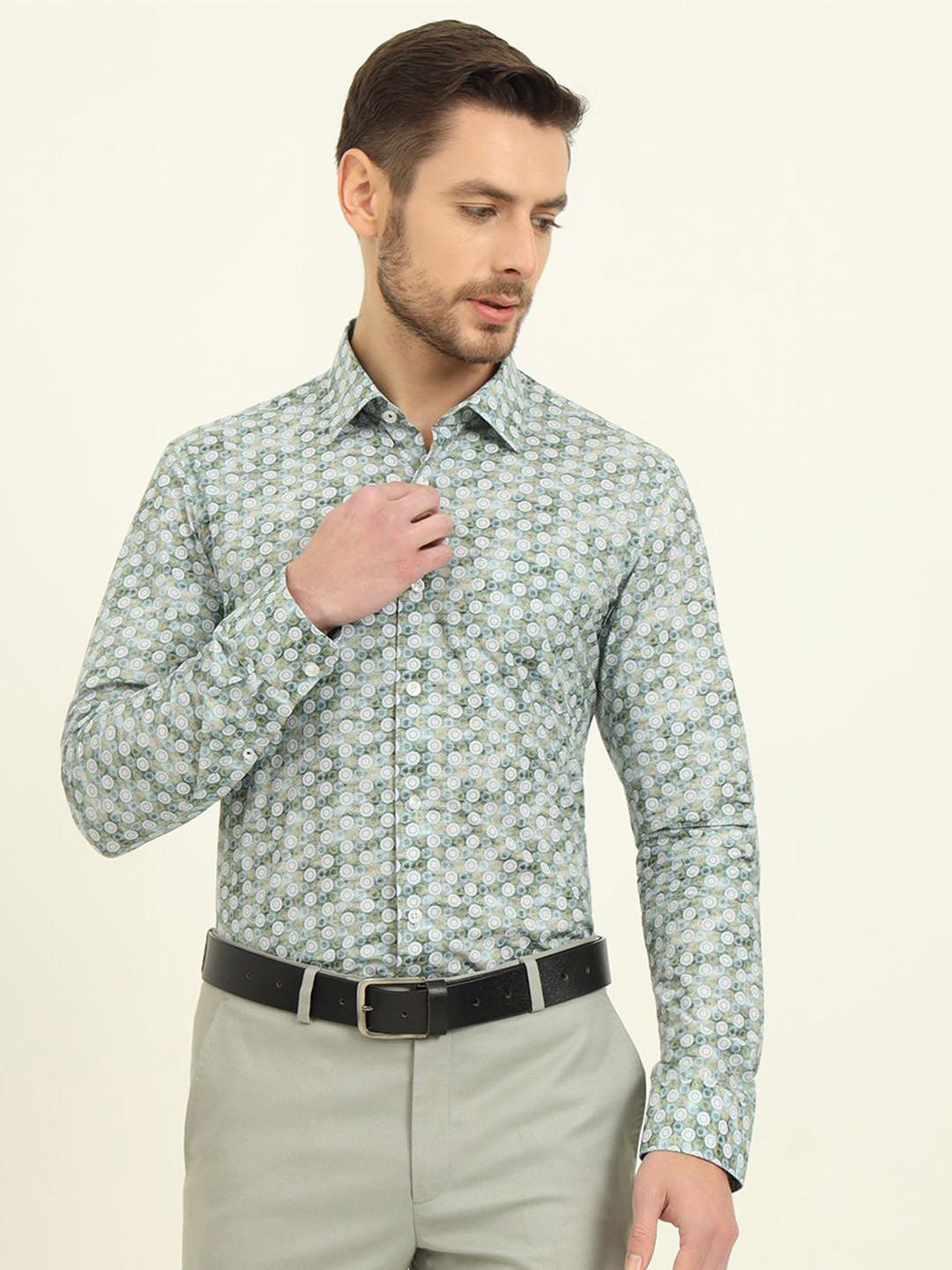 

JADE BLUE Men Slim Fit Spread Collar Floral Printed Cotton Formal Shirt, Green