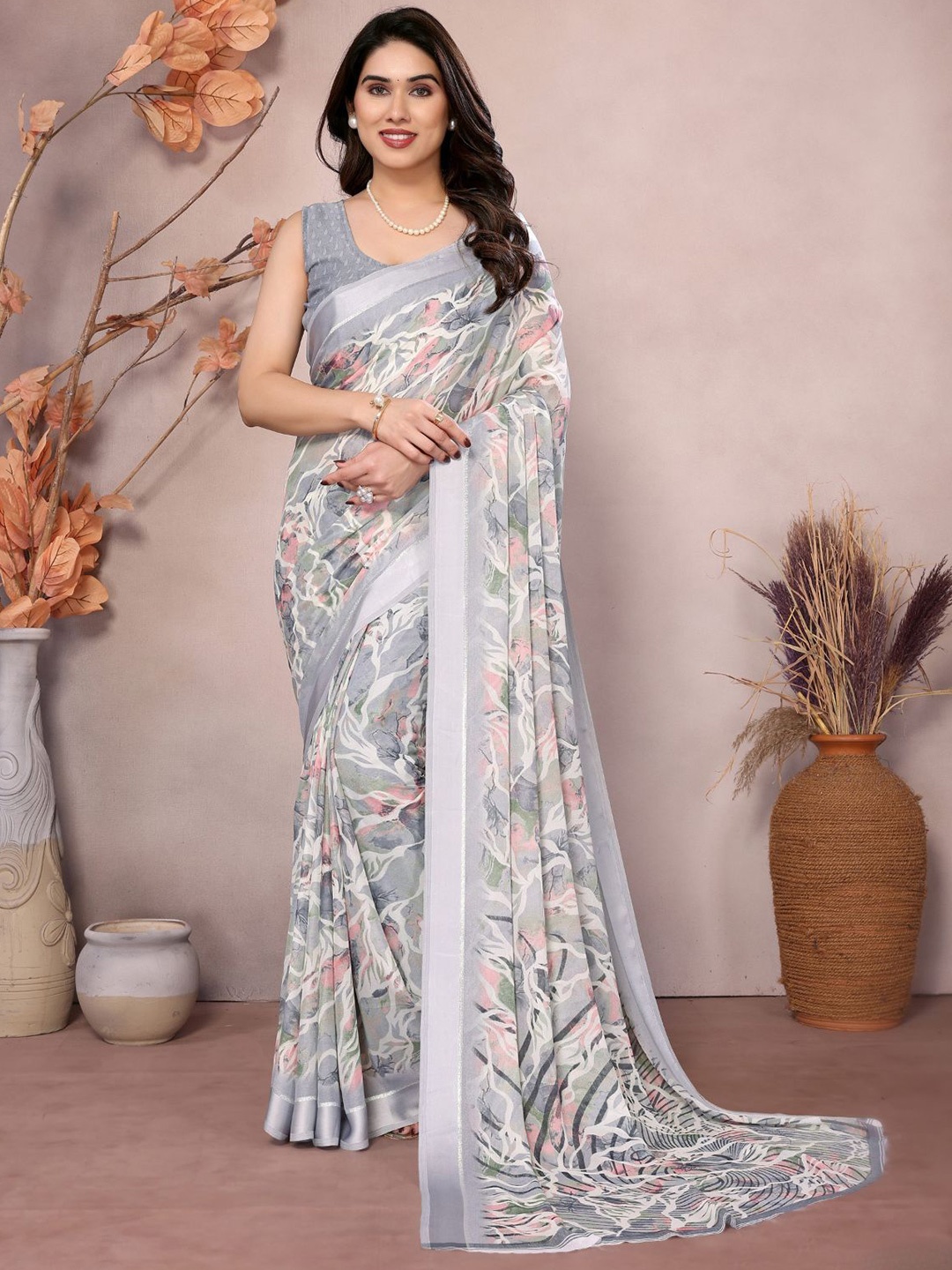 

ODETTE Grey Satin Printed Saree With Unstitched Blouse