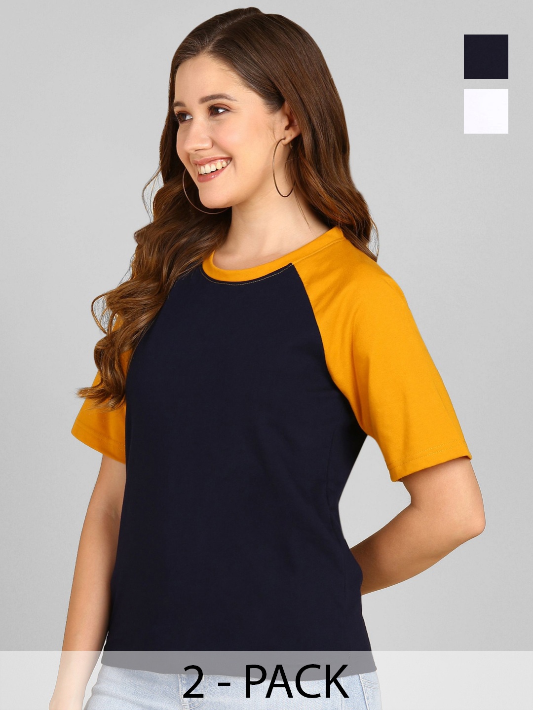 

Adyavastram Women Pack Of 2 Colourblocked Round Neck Cotton T-shirts, Navy blue