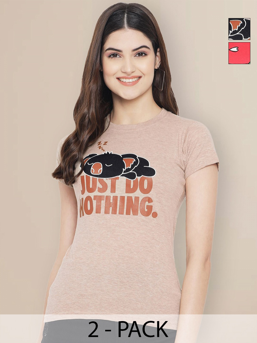 

GLOBAL NOMAD Women Pack of 2 Graphic Printed Round Neck Cotton T-shirts, Beige