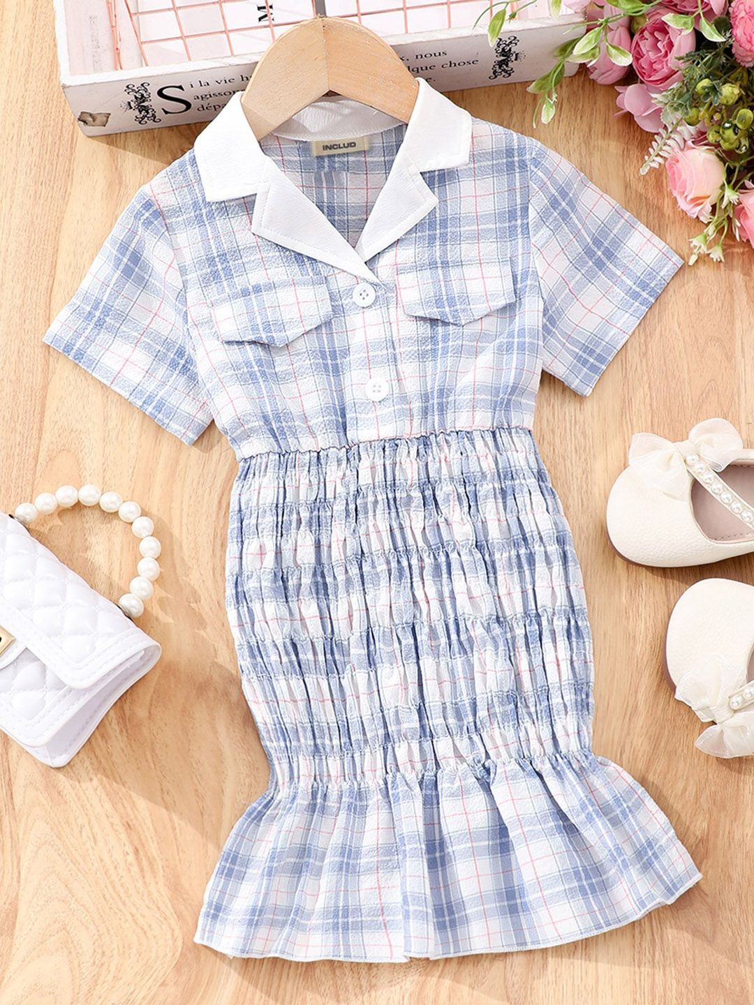 

INCLUD Girls Checked Smocked Detail Shirt Dress, Blue