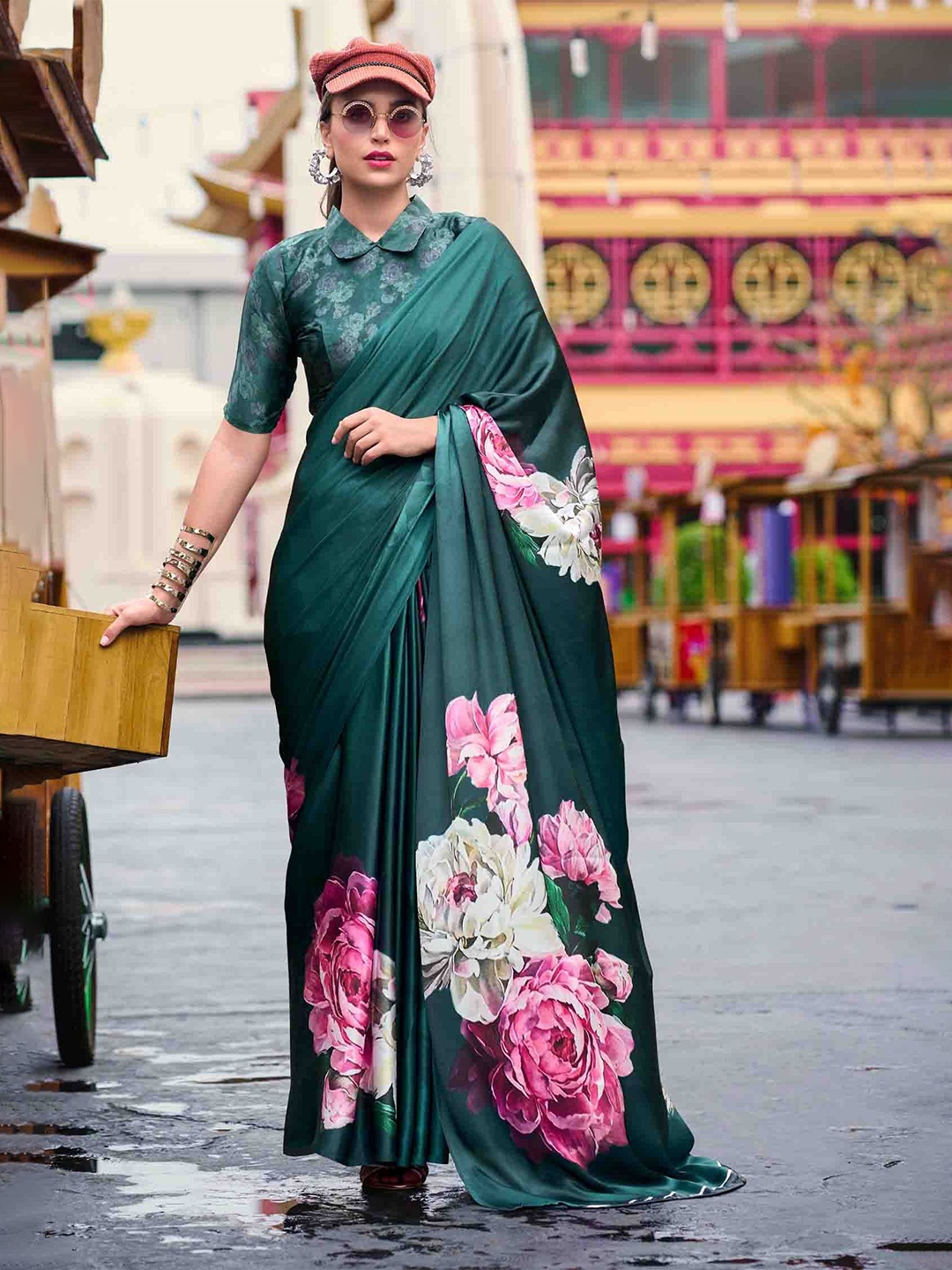

Blissta Floral Print Satin Saree, Teal