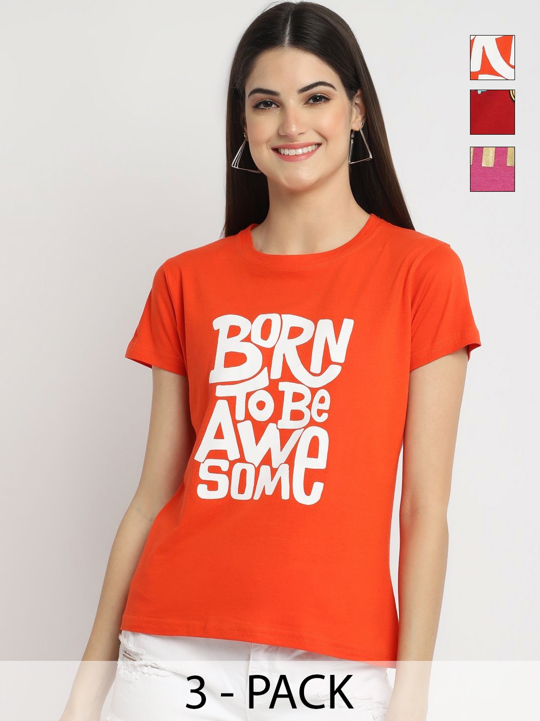 

Dreambe Women Pack of 3 Typography Printed Round Neck Cotton T-shirts, Orange