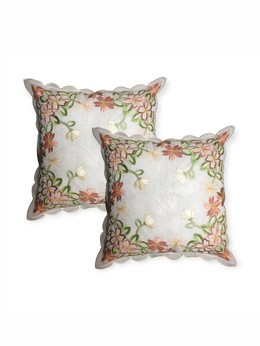 

MONKDECOR White & Brown Set of 2 Floral Embroidered Square Cushion Covers