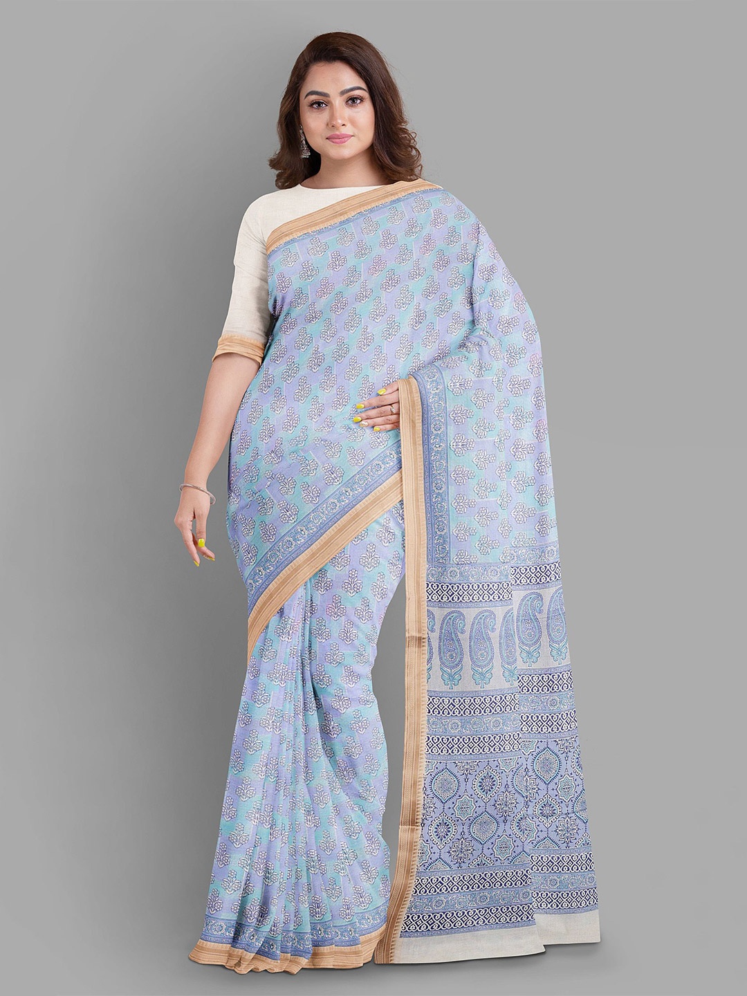 

The Chennai Silks Ethnic Motifs Printed Zari Pure Cotton Chanderi Saree, Blue