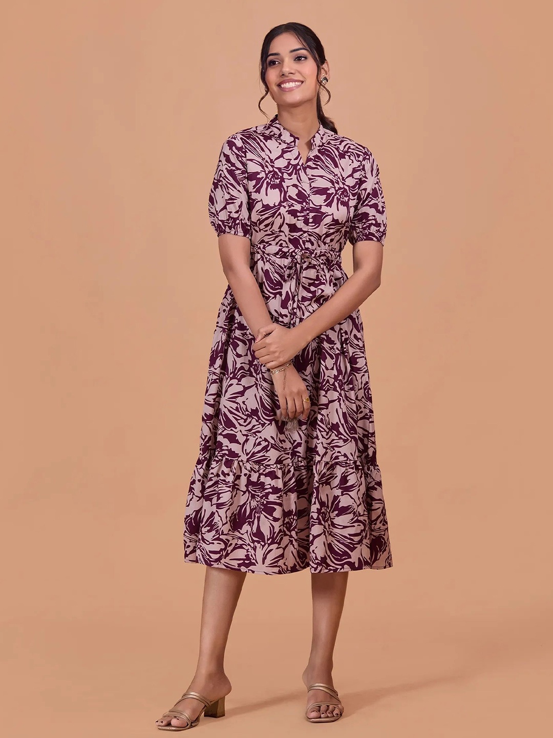 

all about you Women Floral Print Mandarin Collar Puff Sleeve Midi A-Line Dress, Purple