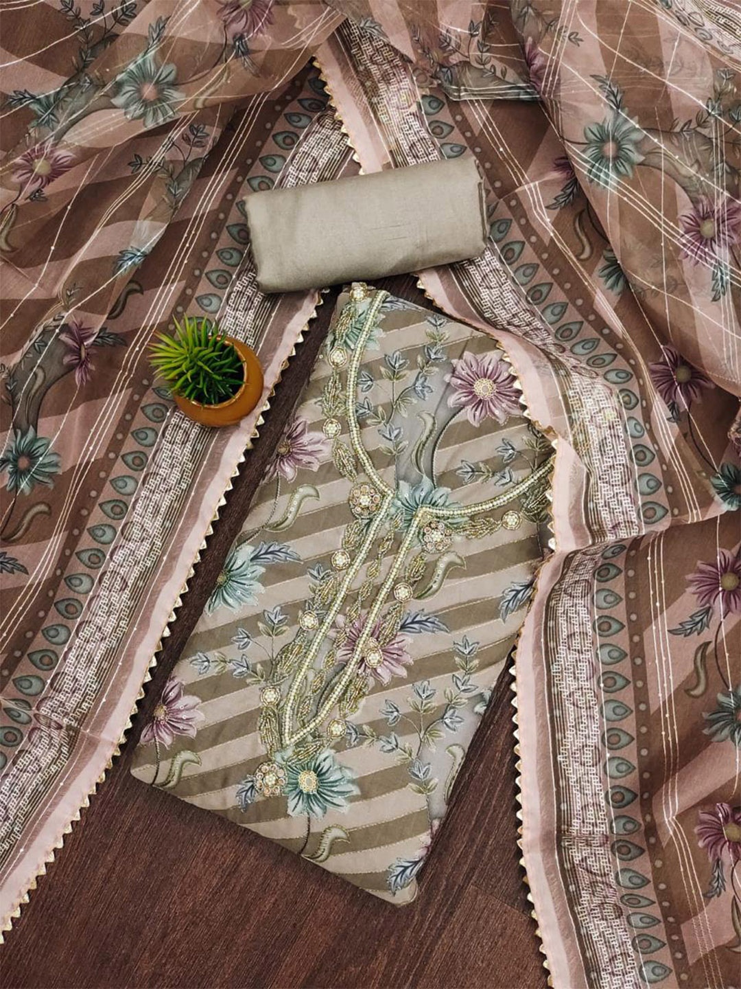 

KALINI Floral Printed Beads and Stones Organza Unstitched Dress Material, Green