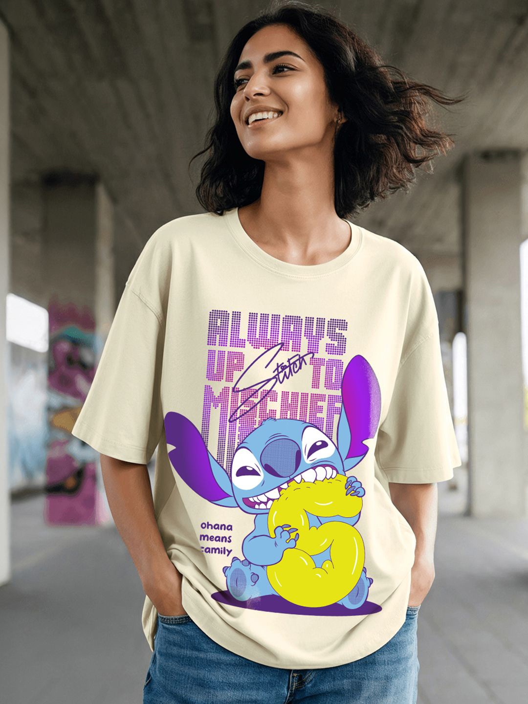 

Bewakoof Women Graphic Printed Round Neck Cotton Oversized T-shirt, Beige