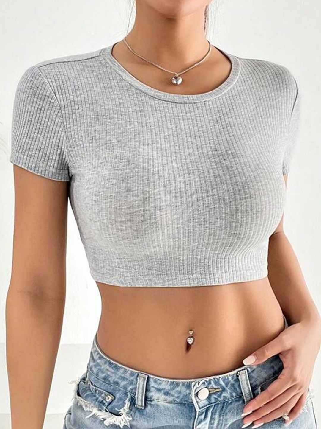 

CORSICA Ribbed Cotton Fitted Crop Top, Grey