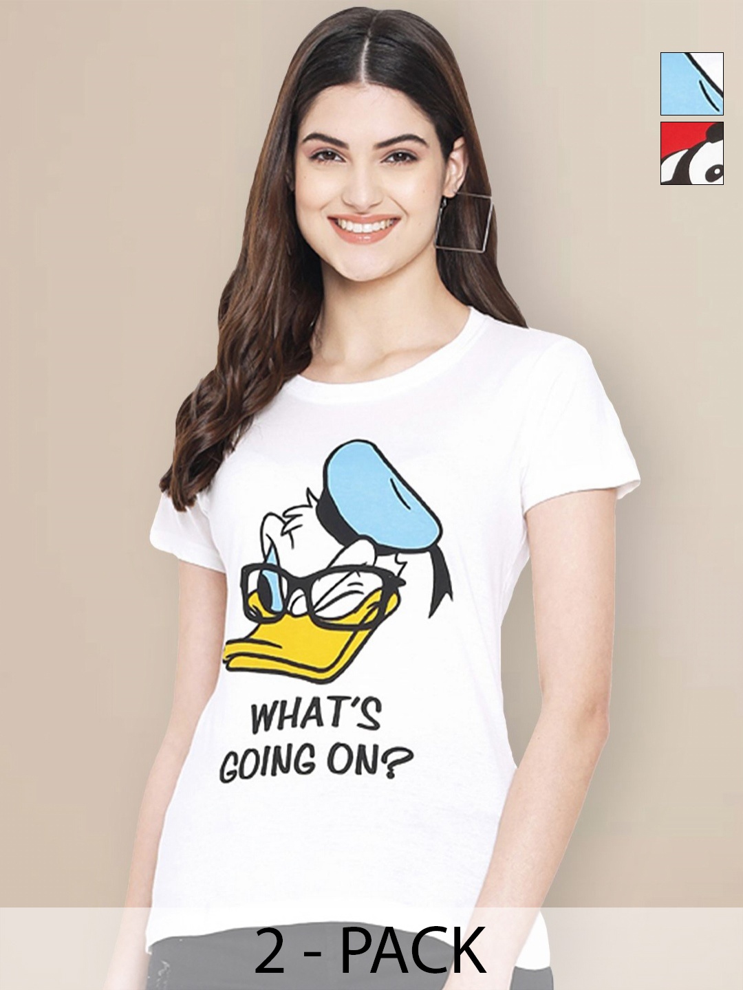 

GLOBAL NOMAD Women Pack of 2 Donald Duck Graphic Printed Round Neck Cotton T-shirts, White