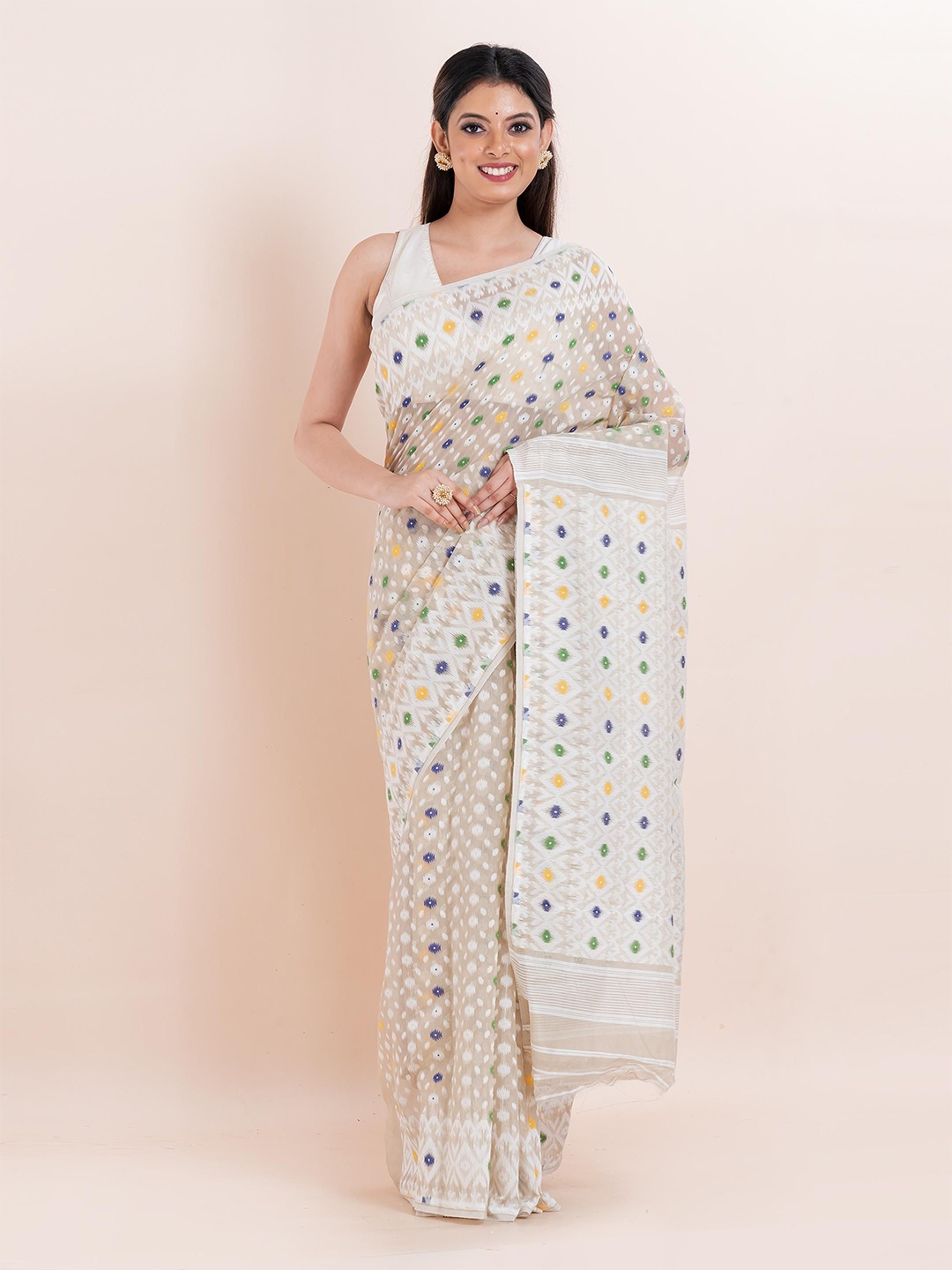 

PUKU Ethnic Motifs Woven Design Jamdani Saree, Off white