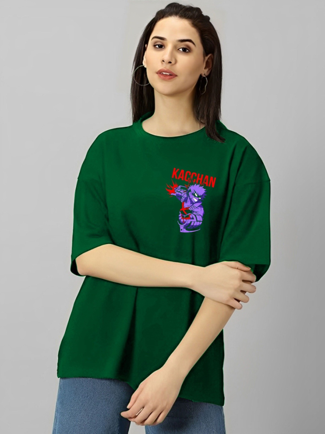 

LECOWAR Women Graphic Printed Round Neck Cotton Oversized T-shirt, Green