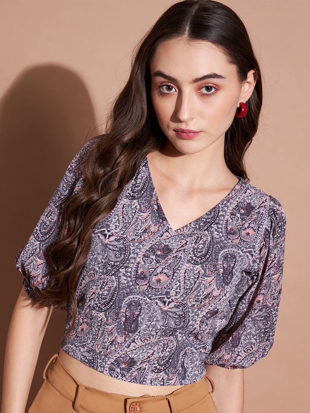 

CORSICA Ethnic Motif Printed Puff Sleeve Chiffon Regular Crop Top, Purple