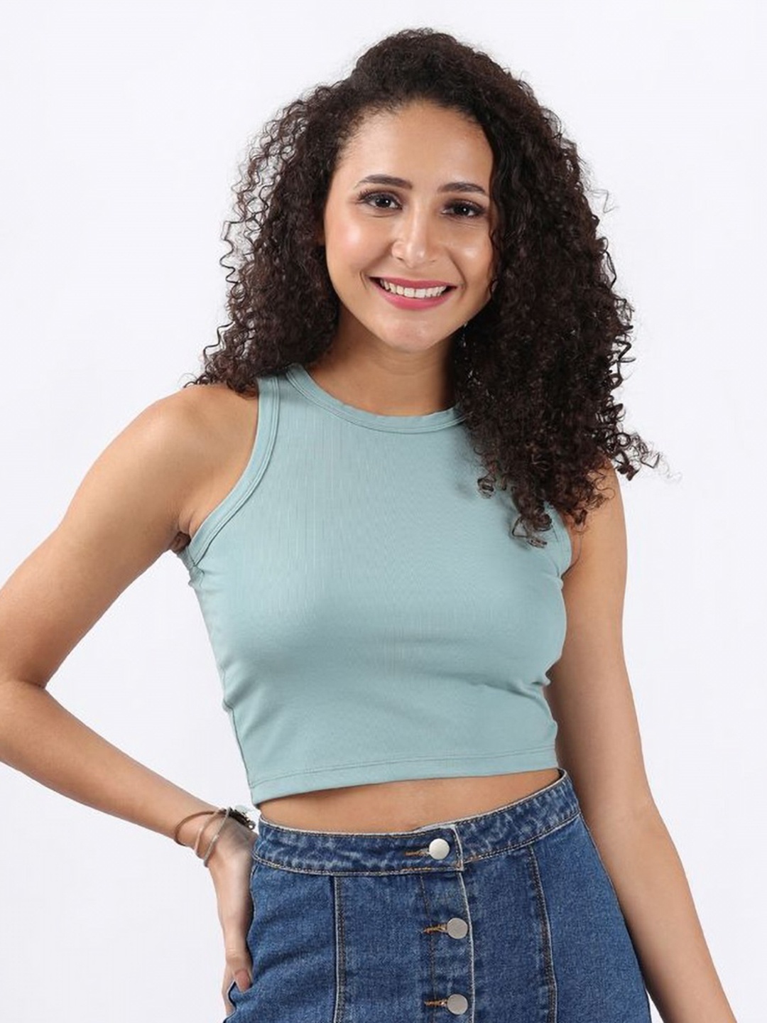 

Bonnaty Women Solid Crop Cotton Slim Fit Top, Sea green