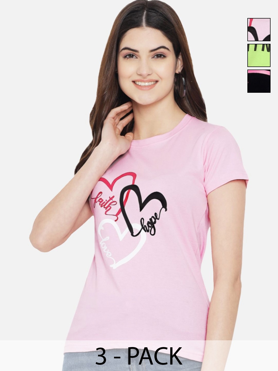 

Dreambe Women Pack of 3 Typography Printed Round Neck Cotton T-shirts, Pink