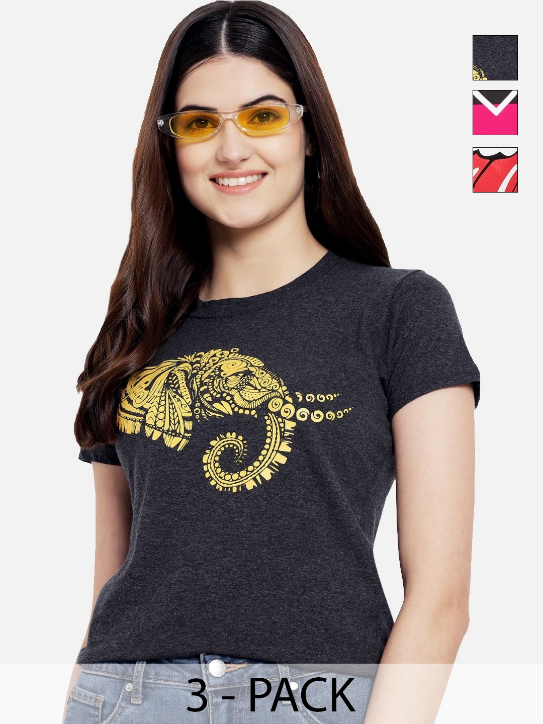 

Dreambe Women Pack of 3 Graphic Printed Round Neck Cotton T-shirts, Charcoal