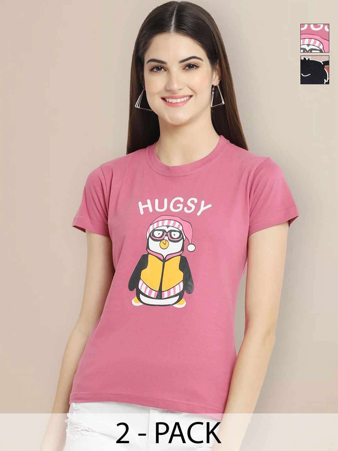 

GLOBAL NOMAD Women Pack of 2 Graphic Printed Round Neck Cotton T-shirts, Peach