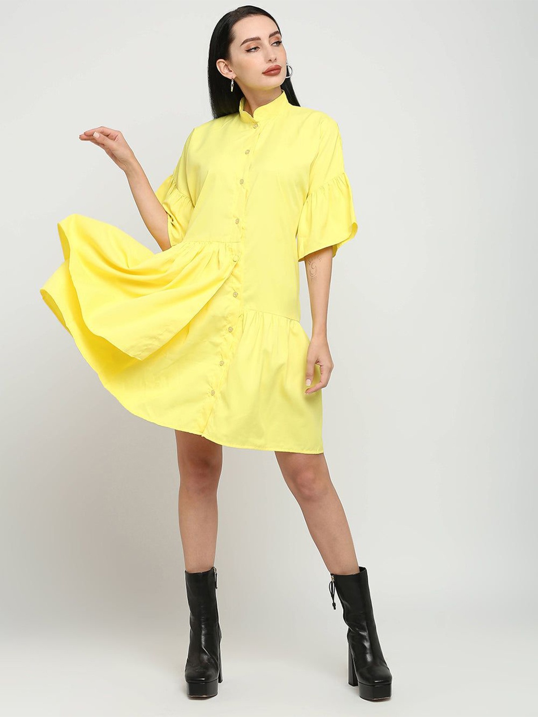 

15 BUTTONS Women Crepe Above Knee Shirt Dress, Yellow