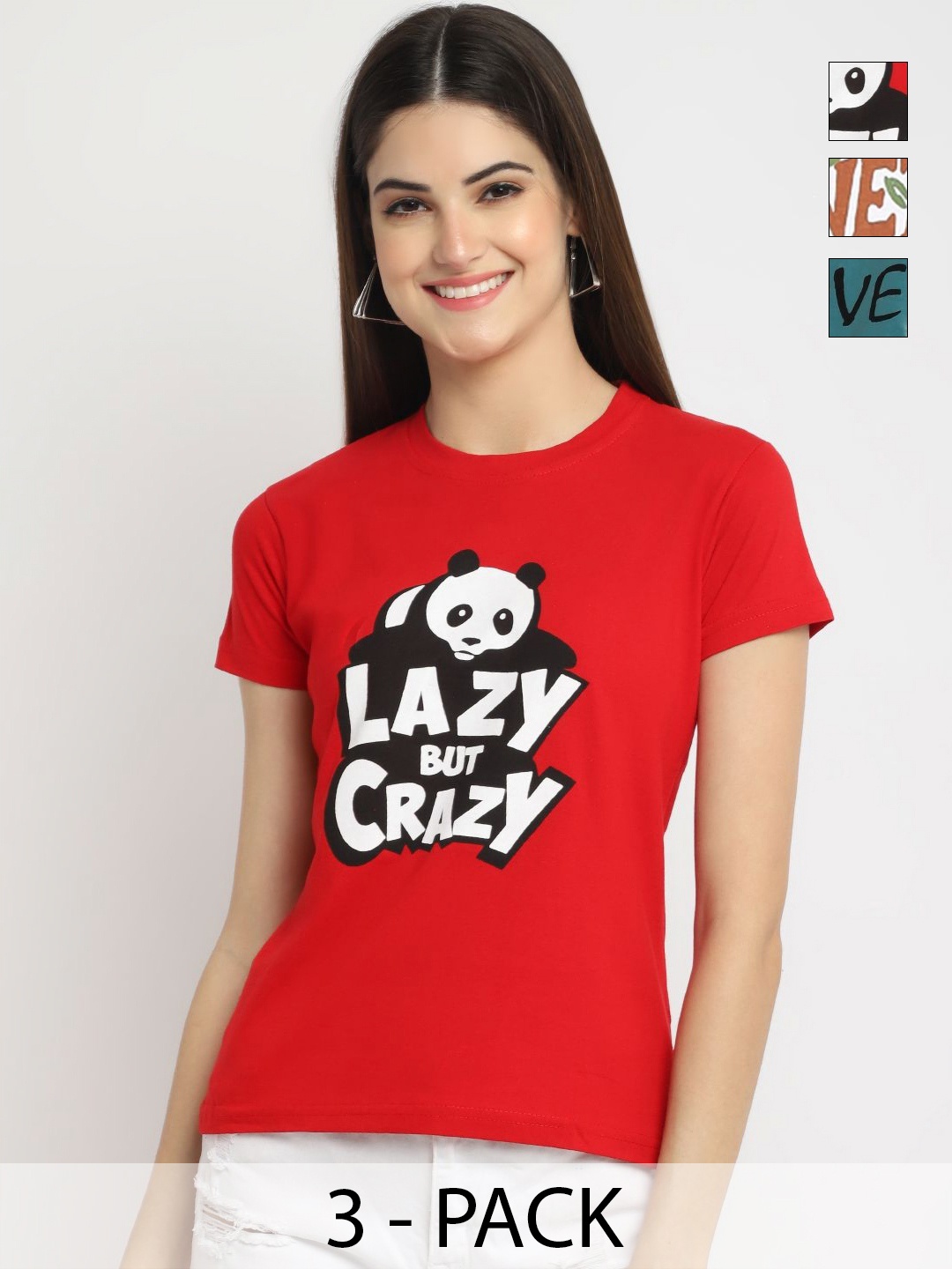 

Dreambe Women Pack of 3 Graphic Printed Round Neck Cotton T-shirts, Red