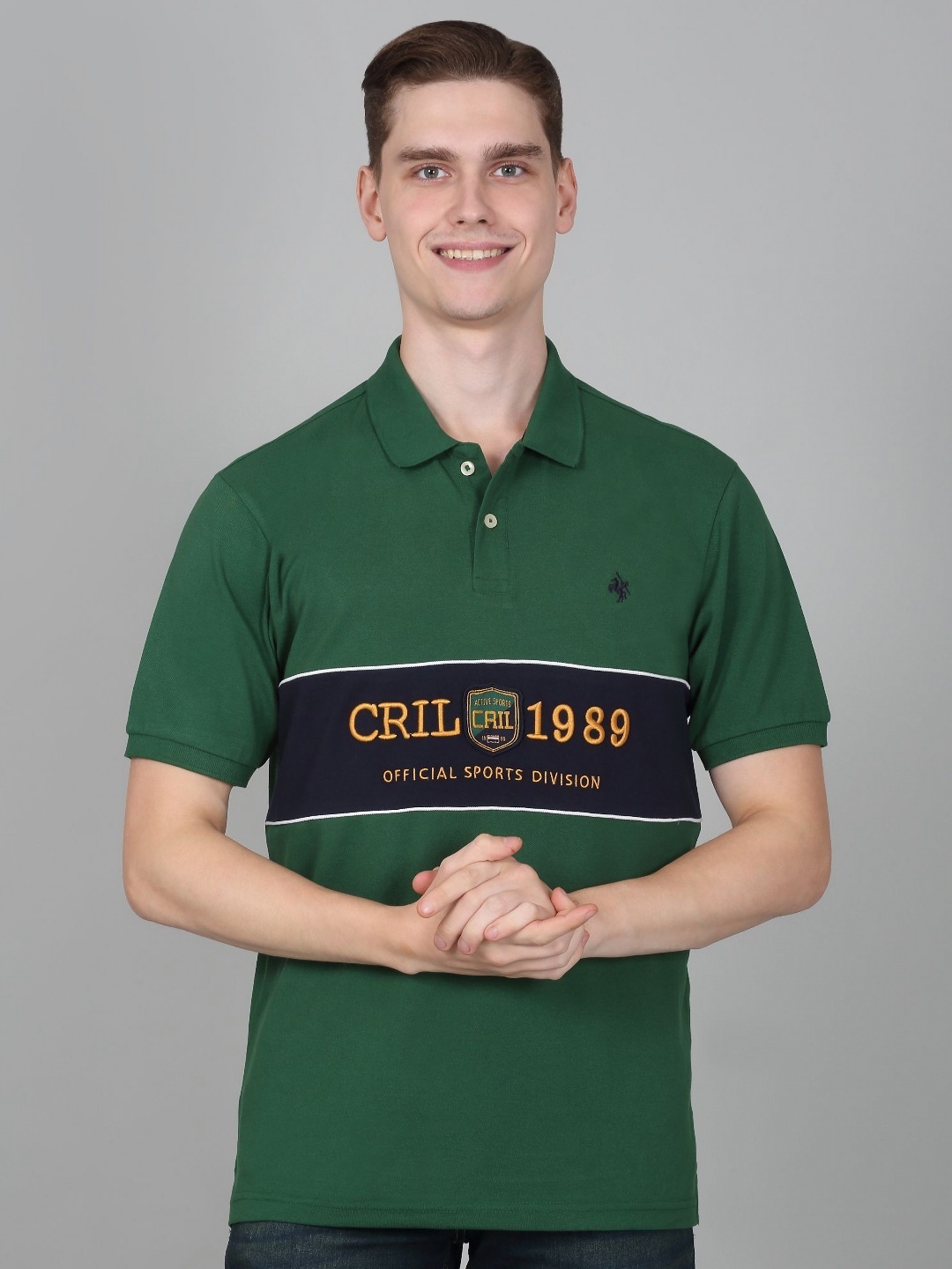 

Cantabil Men Typography Printed Polo Collar Cotton T-shirt, Green